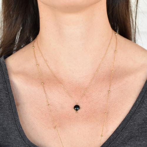 Collier ZAG doré pendentif Pierre Onyx demi-sphère