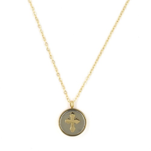 Collier ZAG croix dorée sur médaille pierre Pyrite