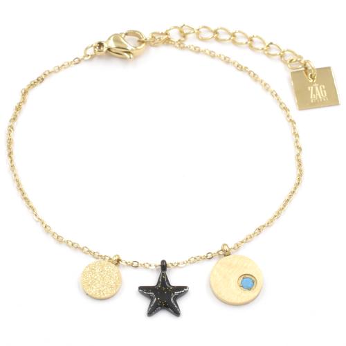 Bracelet ZAG étoile noire, médaille dorée et cristal turquoise