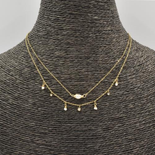 Collier ZAG double rang doré Perles de Nacre blanche et Strass