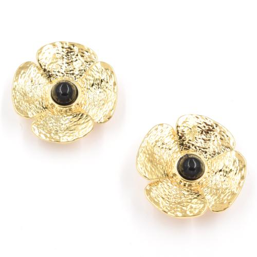 Boucles d'oreilles ZAG fleur dorée et Pierre Onyx noire