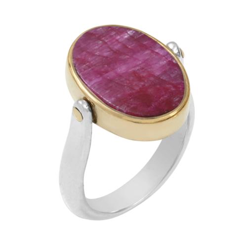 Bague Canyon argent ovale réversible Pierres Slilimanite rouge et Sillimanite verte taille 56