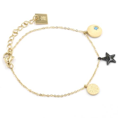 Bracelet ZAG étoile noire, médaille dorée et cristal turquoise