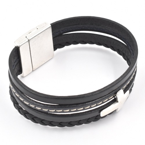 Bracelet Magnum homme cuir manchette croix noir L