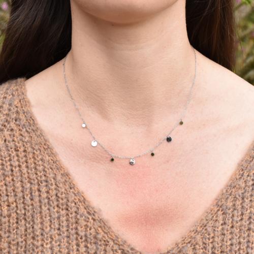 Collier ZAG 3 disques argentés et Pierres Onyx noir
