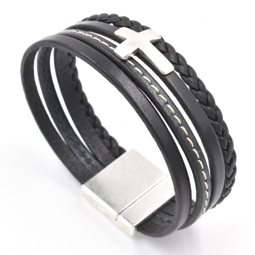 Bracelet Magnum homme cuir manchette croix noir M