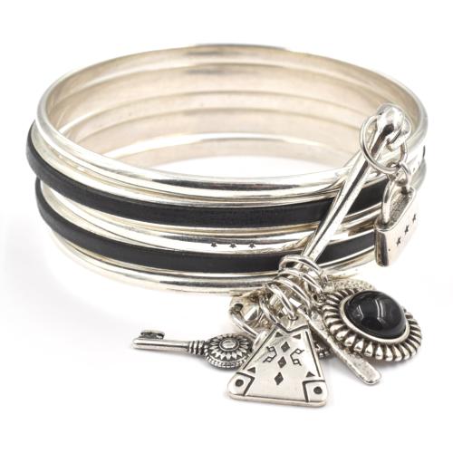 Bracelet Shabada Joncs argents et Cuir Timeless Nina 51 noir M