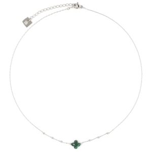 Collier ZAG Velasquez argenté Trèfle Pierre Malachite