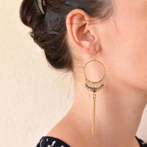 Boucles d'oreilles ZAG dorées Pyrite et pompon de chaines