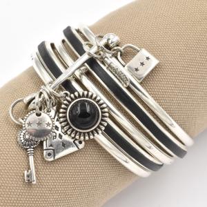 Bracelet Shabada Joncs argentés et Cuir Timeless Nina 51 noir M