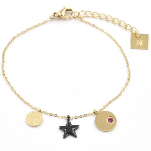 Bracelet ZAG étoile noire, médaille dorée et cristal fushia