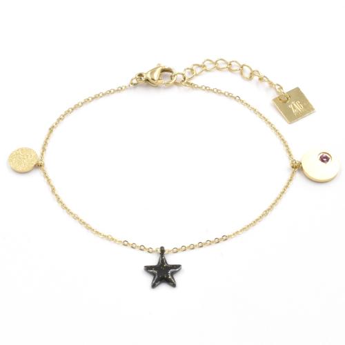 Bracelet ZAG étoile noire, médaille dorée et cristal fushia