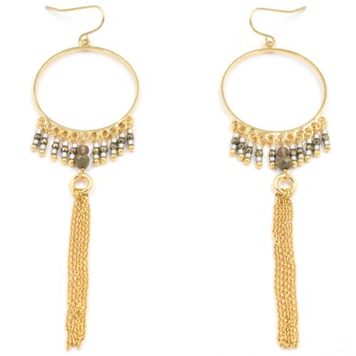 Boucles d'oreilles ZAG dores Pyrite et pompon de chaines