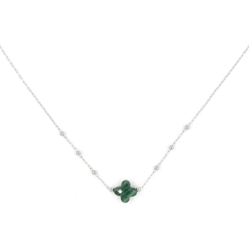 Collier ZAG Velasquez argenté Trèfle Pierre Malachite