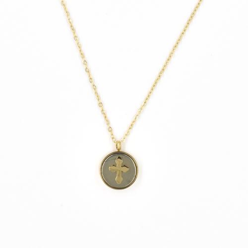 Collier ZAG croix dorée sur médaille pierre Pyrite