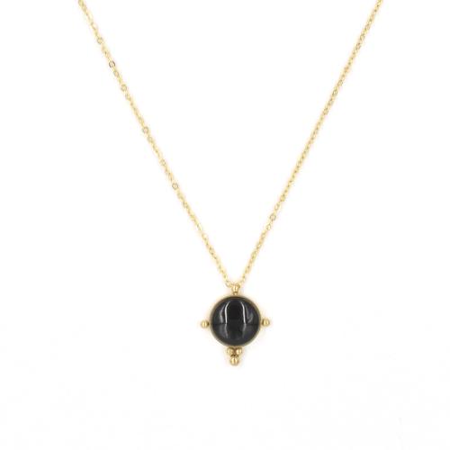 Collier ZAG doré pendentif Pierre Onyx demi-sphère