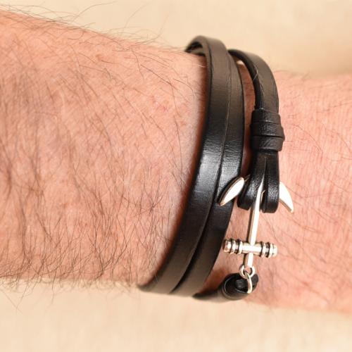 Bracelet Magnum homme cuir ancre 3 tours noir M