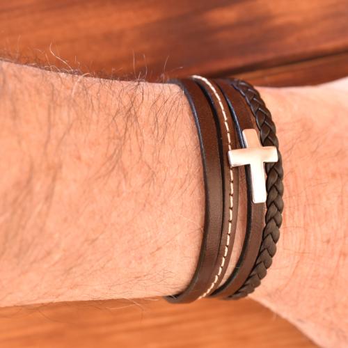 Bracelet Magnum homme cuir manchette croix choco M