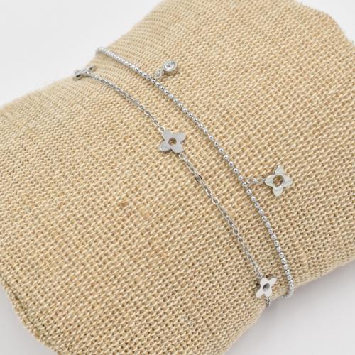 Bracelet ZAG argenté 2 rangs chaine perlée, Strass et Trèfles