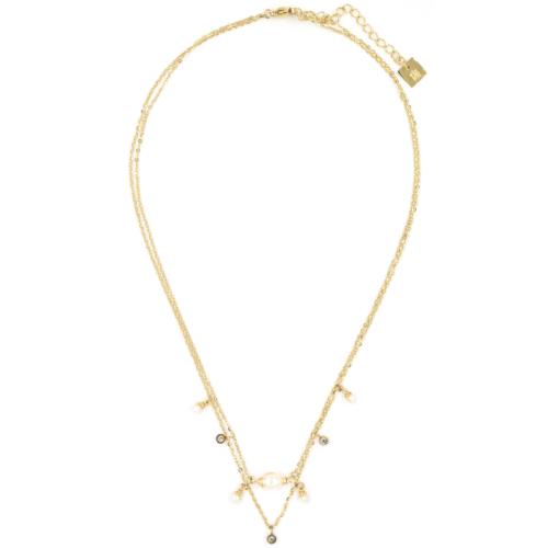 Collier ZAG double rang doré Perles de Nacre blanche et Strass