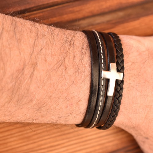 Bracelet Magnum homme cuir manchette croix noir M