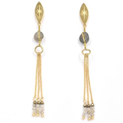 Boucles d'oreilles ZAG dores Labradorite et pompon 3 chaines