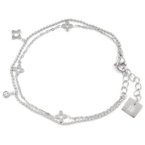 Bracelet ZAG argenté 2 rangs chaine perlée, Strass et Trèfles