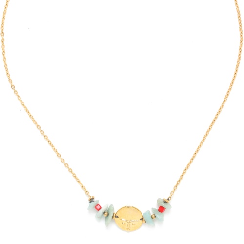 Collier Franck Herval Tiwa court Amazonite & petit masques