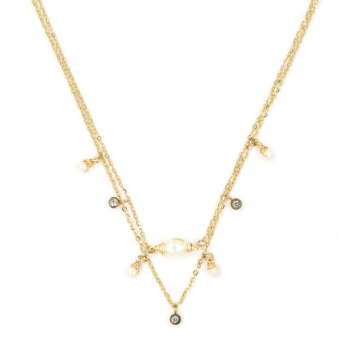 Collier ZAG double rang doré Perles de Nacre blanche et Strass